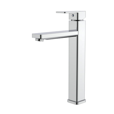 Tall polished chrome bathroom faucet with modern square spout and single lever handle.