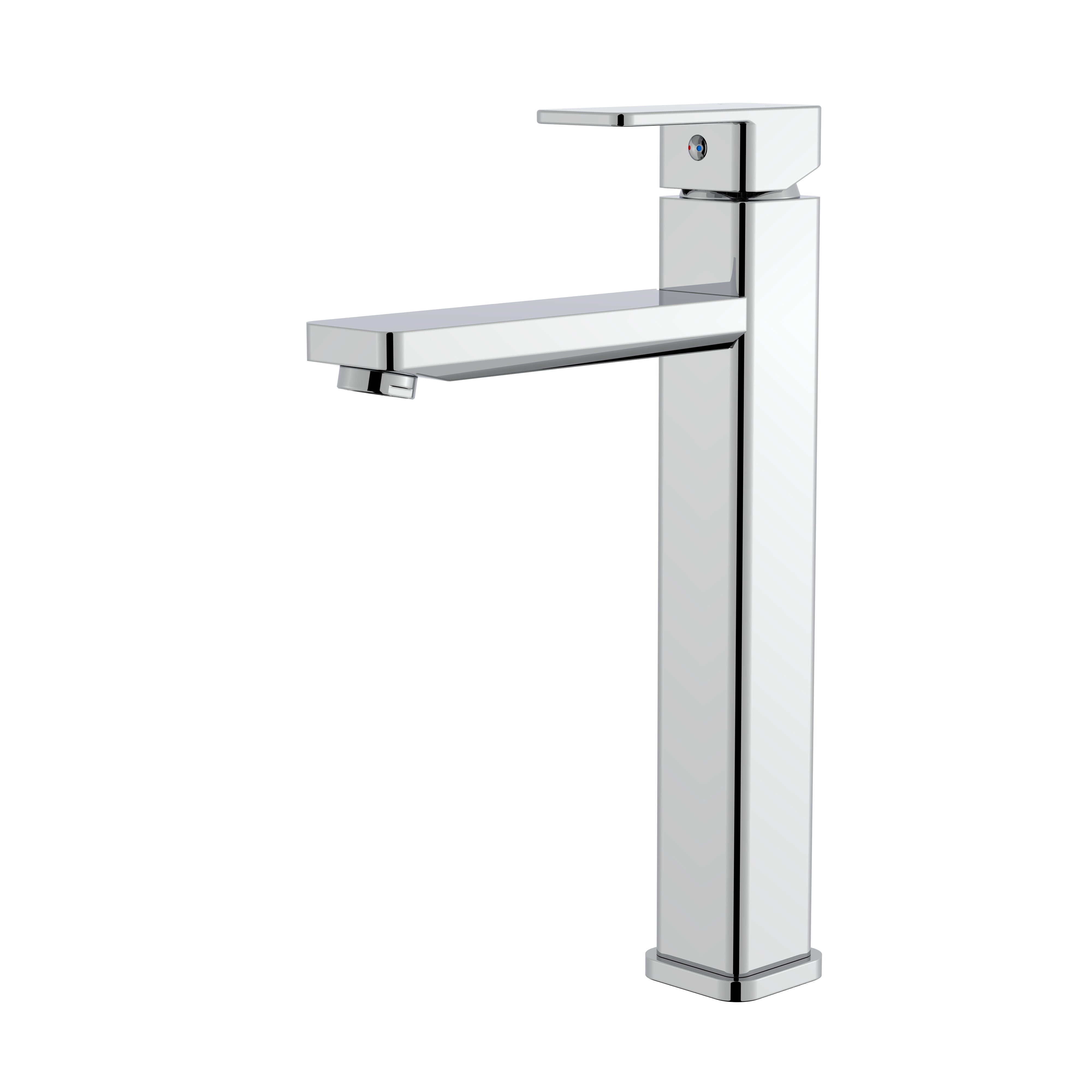 Tall polished chrome bathroom faucet with modern square spout and single lever handle.
