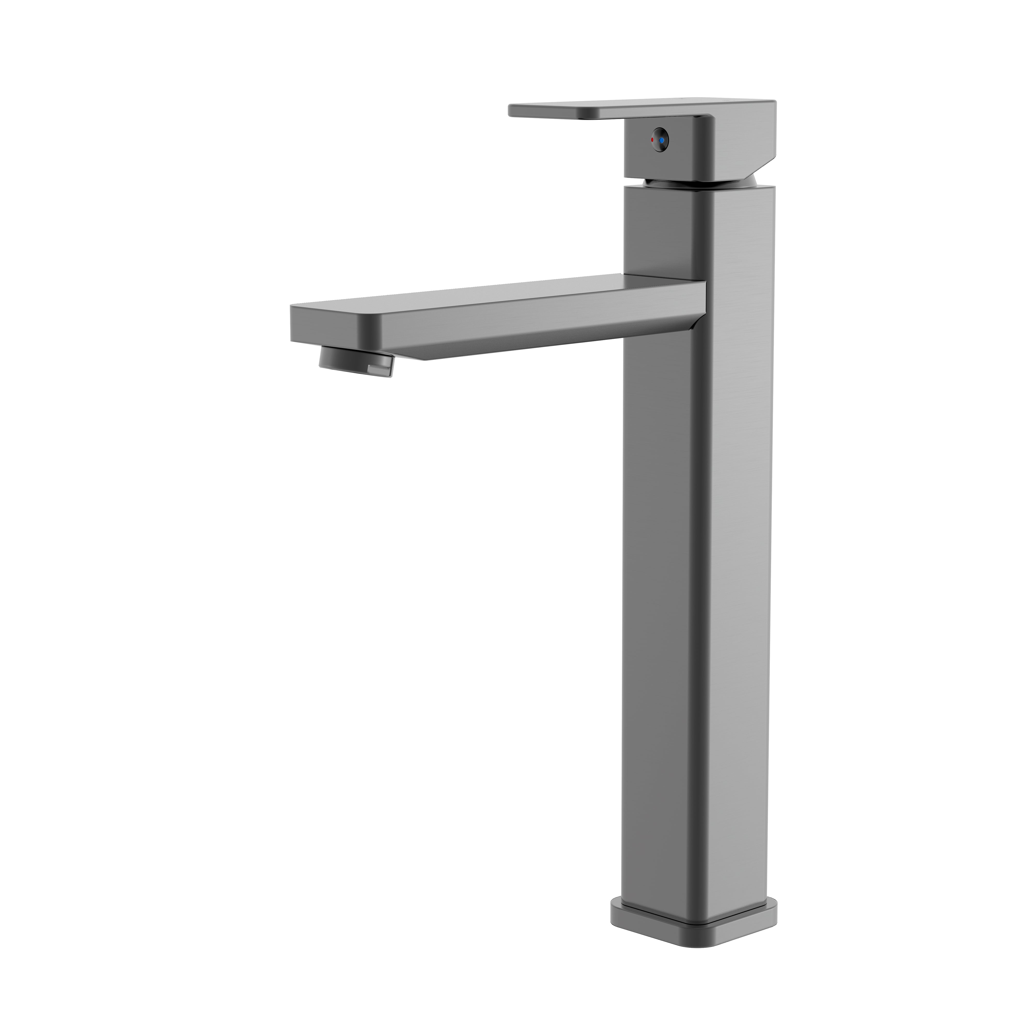 Modern gunmetal tall bathroom vessel sink faucet with a single-handle square design.