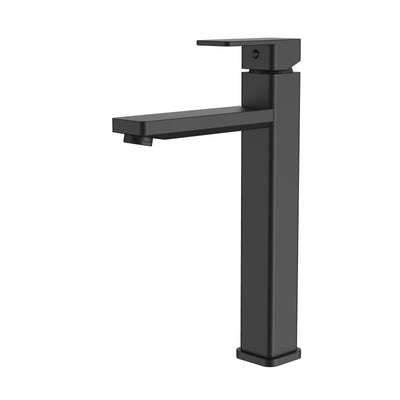 Modern matte black single-handle vessel bathroom faucet with a square minimalist design.