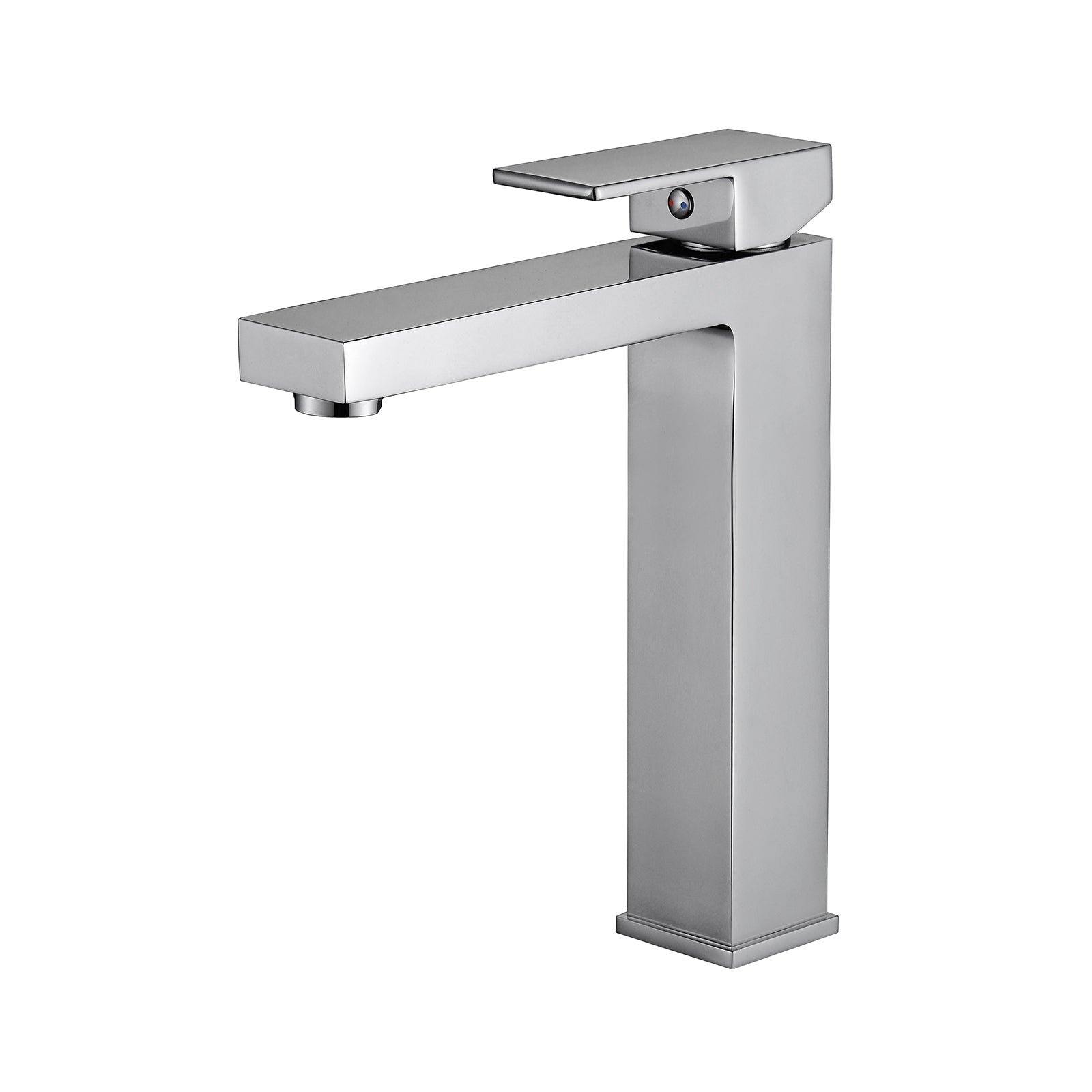 Modern polished chrome single-handle vessel sink faucet with a sleek square design.