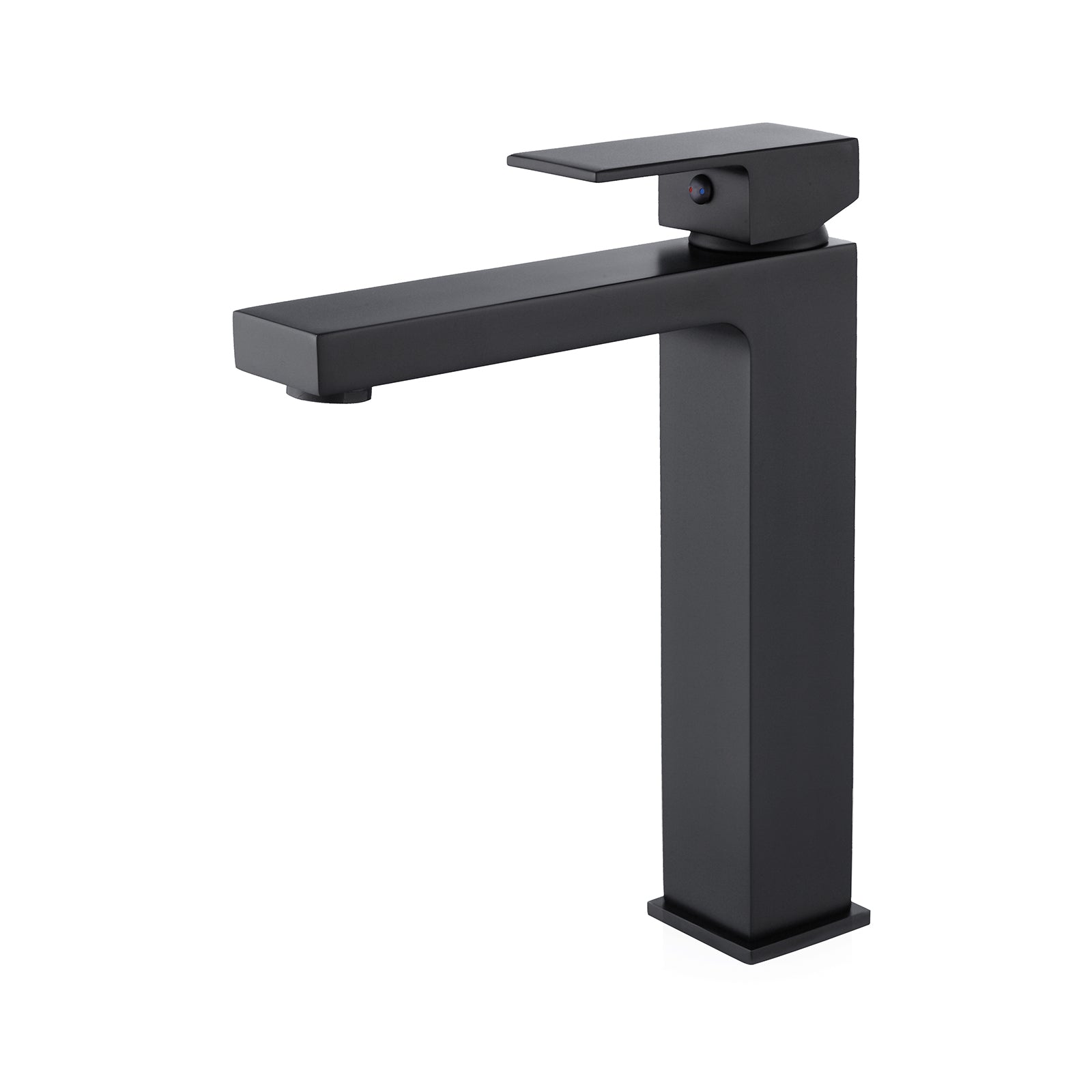 Modern matte black single-handle vessel sink faucet with a tall square body and flat spout.
