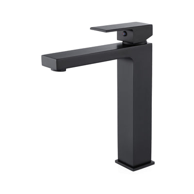 Modern matte black single-handle vessel sink faucet with a tall square body and flat spout.