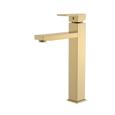 Modern brushed gold single handle tall square vessel sink bathroom faucet.