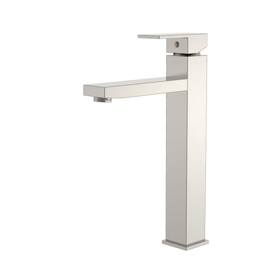 Modern brushed nickel tall vessel sink bathroom faucet with square body and single lever handle.