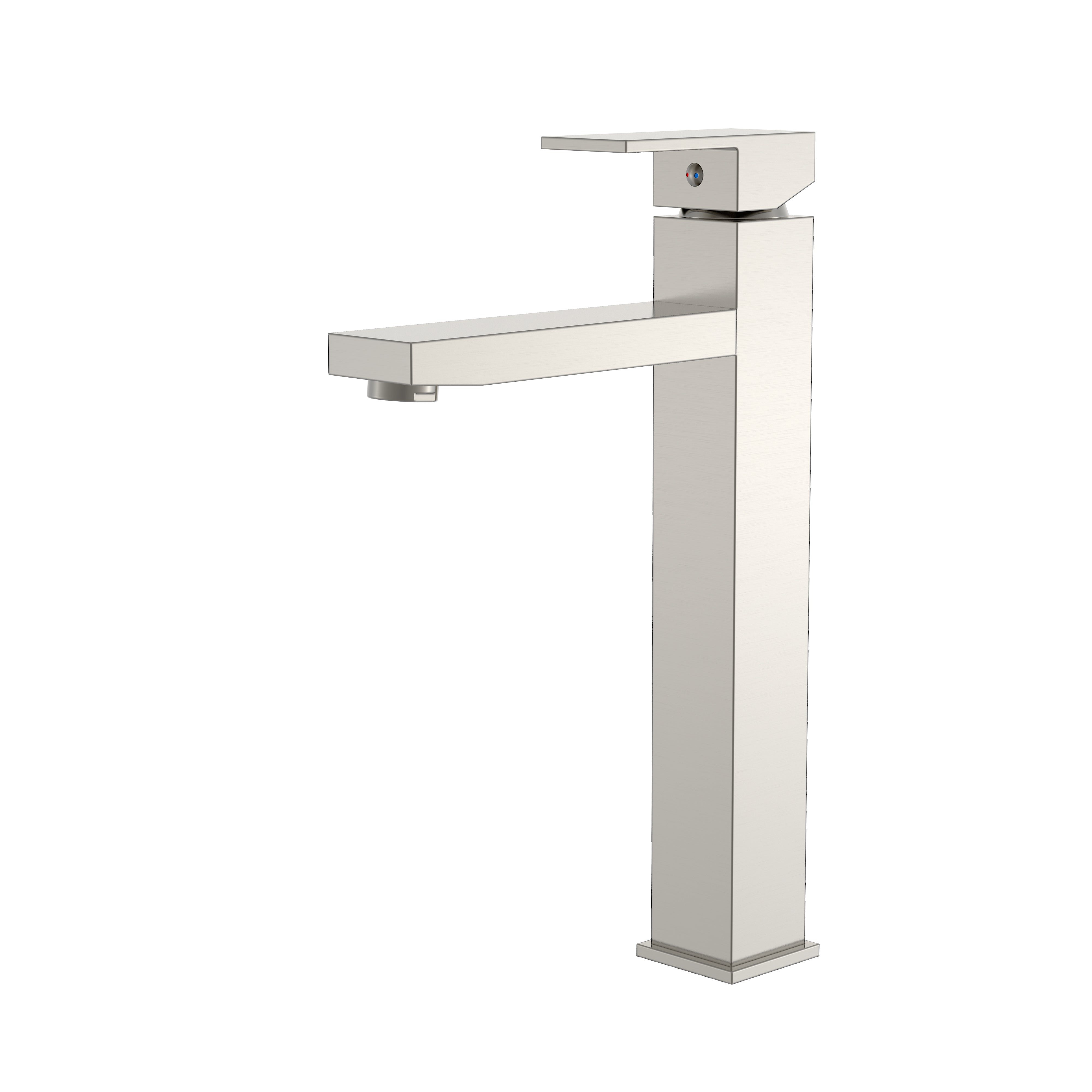 Modern brushed nickel tall vessel sink bathroom faucet with square body and single lever handle.