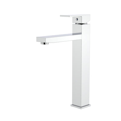 Modern polished chrome tall vessel bathroom faucet with square geometric design and single-handle lever.