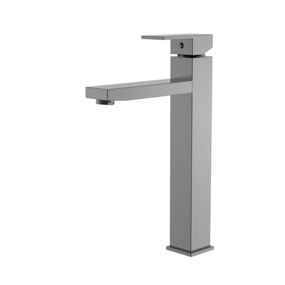 Modern brushed nickel tall vessel sink faucet with a single-handle square design.