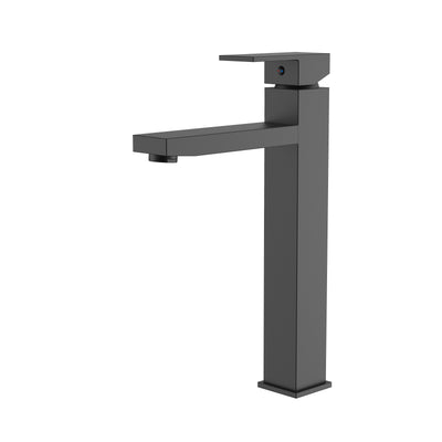 Modern matte black tall vessel sink faucet with a square design and single-lever handle.