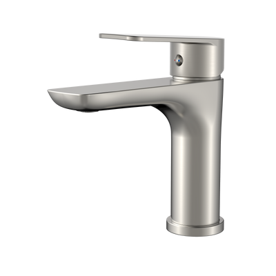 Modern brushed nickel single-handle bathroom faucet featuring a sleek flat spout and contemporary design.