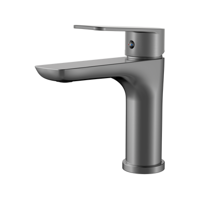 Modern single-handle bathroom faucet in brushed gunmetal grey with a sleek flat spout design.