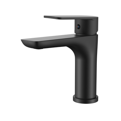 Modern matte black single-handle bathroom faucet with a sleek, minimalist design.