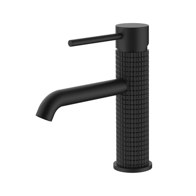 Matte black single-lever bathroom faucet with textured knurled body and modern sleek design on white background.