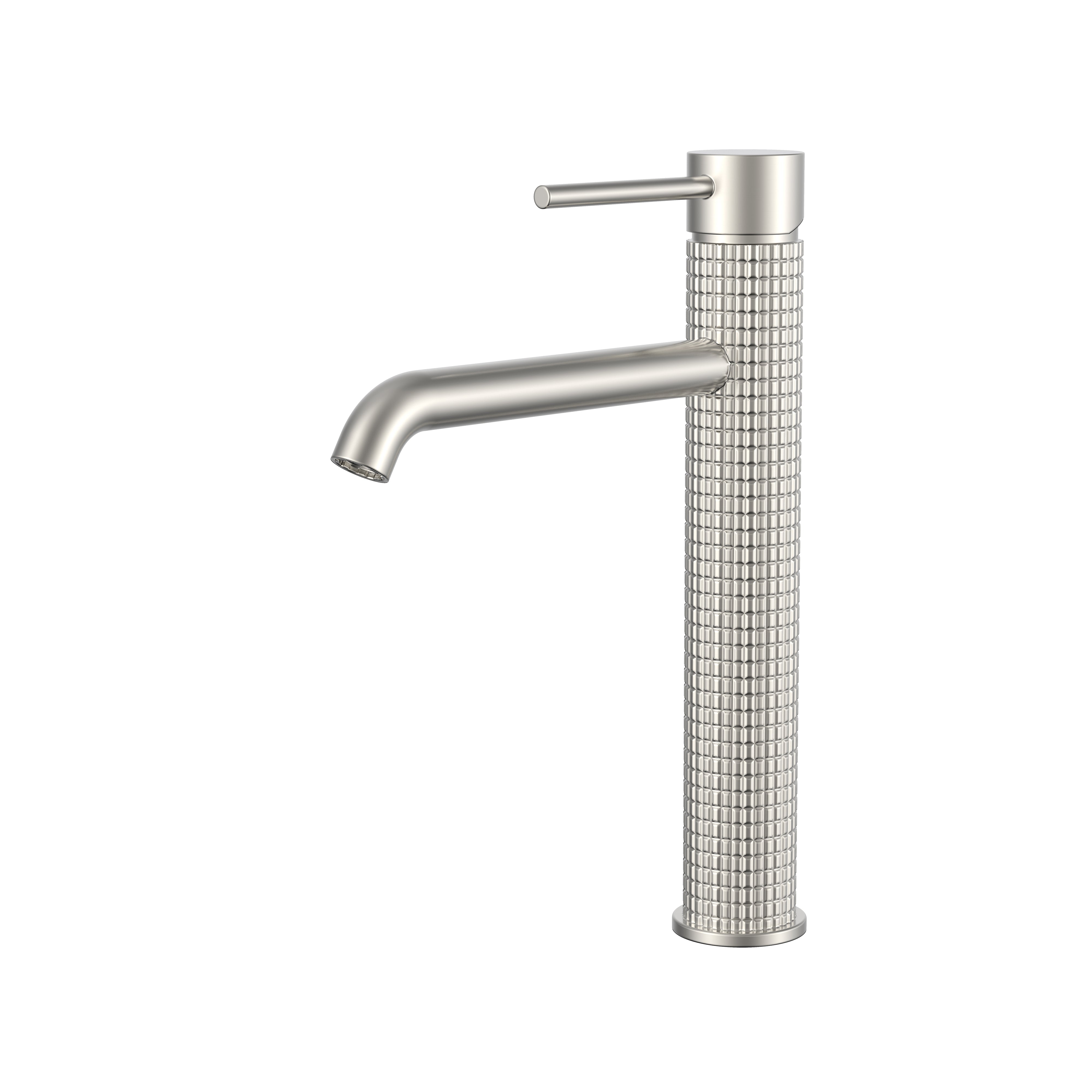 Modern brushed nickel tall vessel sink faucet with a textured knurled body and single-handle lever.