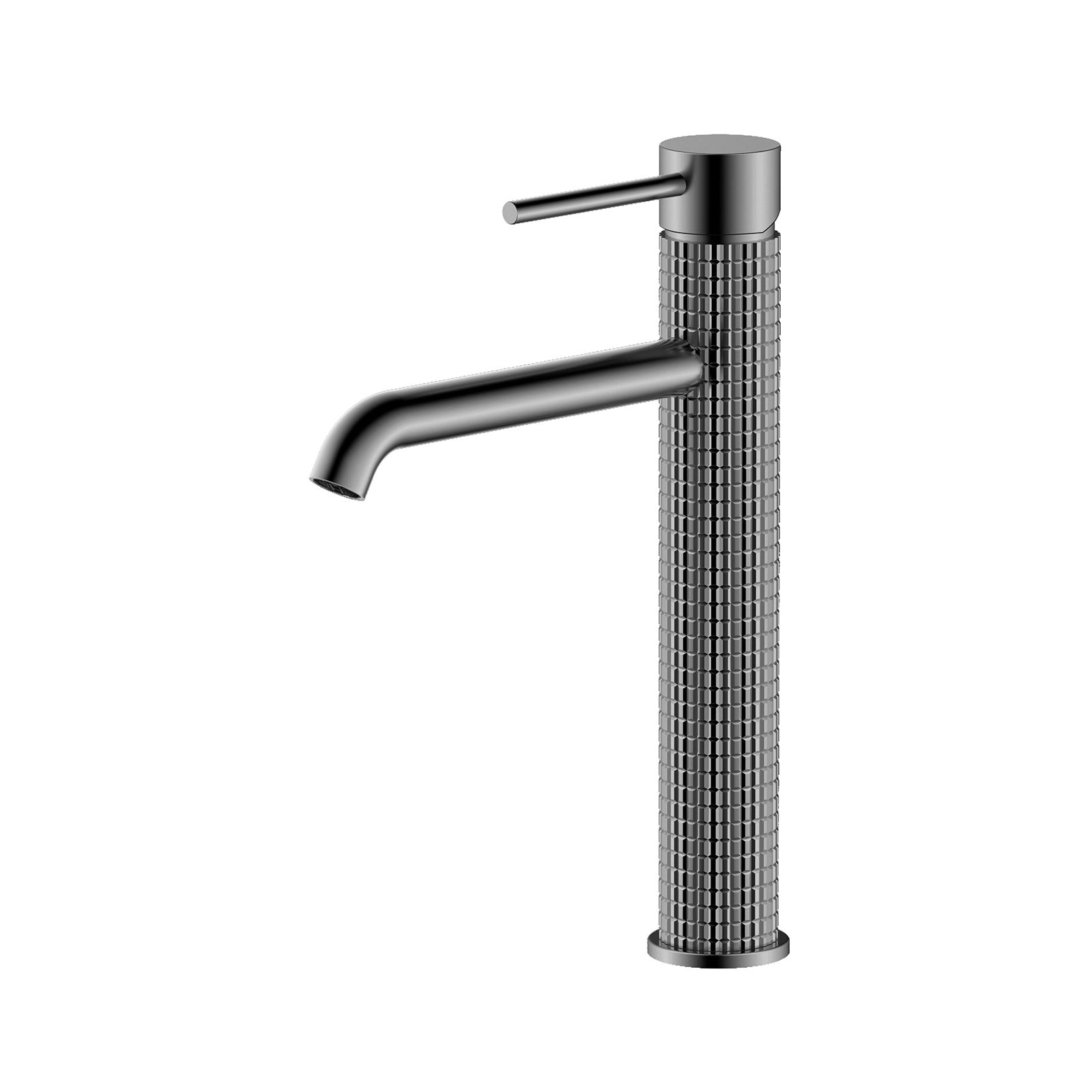 Modern gunmetal tall bathroom faucet with textured knurled body and single handle for vessel sinks.