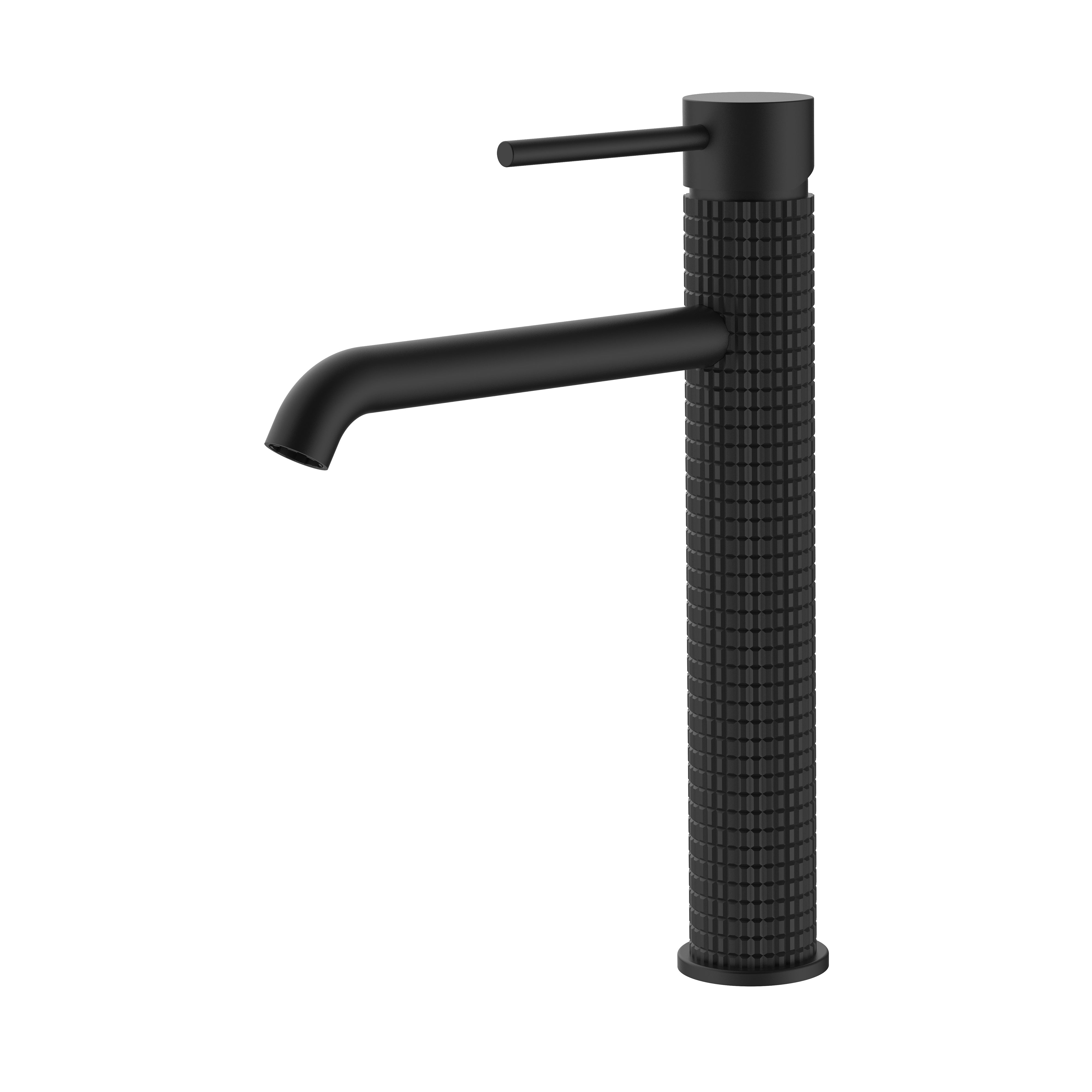Matte black tall bathroom faucet with knurled texture and single lever handle for vessel sinks.