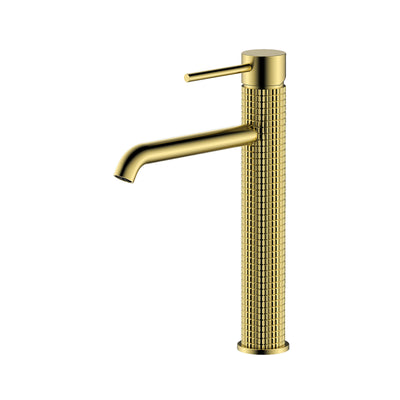 Modern tall gold vessel bathroom faucet with single handle and knurled diamond textured body.