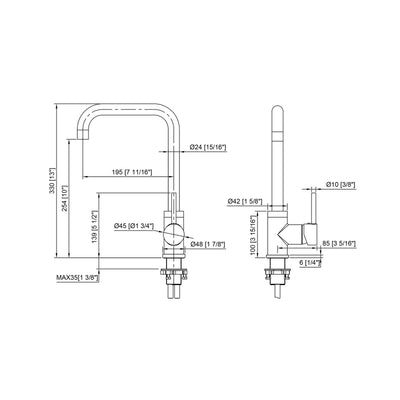 Black and white technical schematic of a modern high-arc single-handle faucet with detailed dimensions.