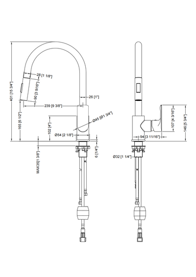 Black and white technical drawing of a pull-down kitchen faucet with gooseneck spout and single handle dimensions.