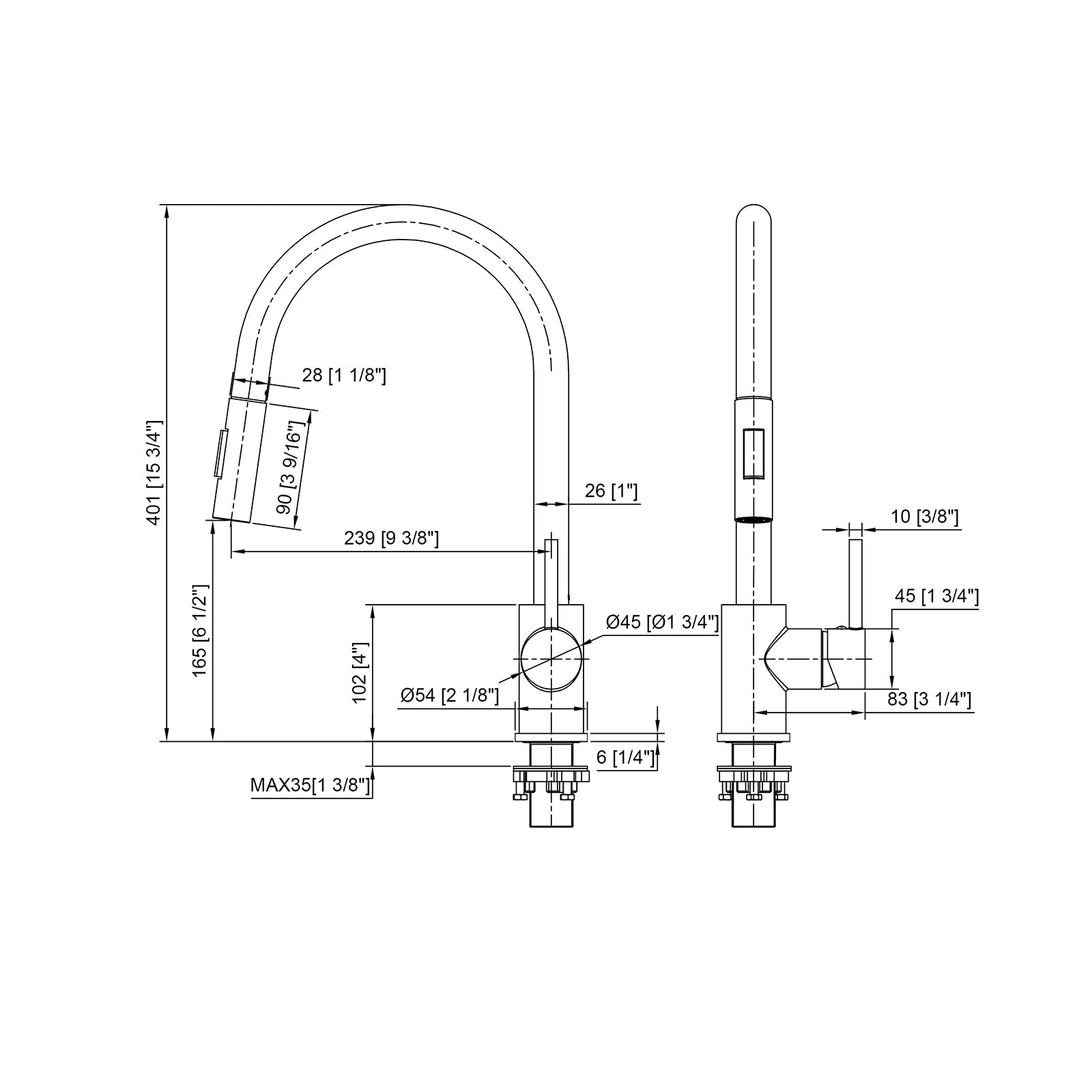 Technical line drawing of a high-arc pull-down kitchen faucet showing dimensions, single handle, and spray head.