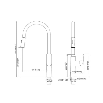 Technical drawing showing dimensions for a high-arc pull-down kitchen faucet with a single-handle design.