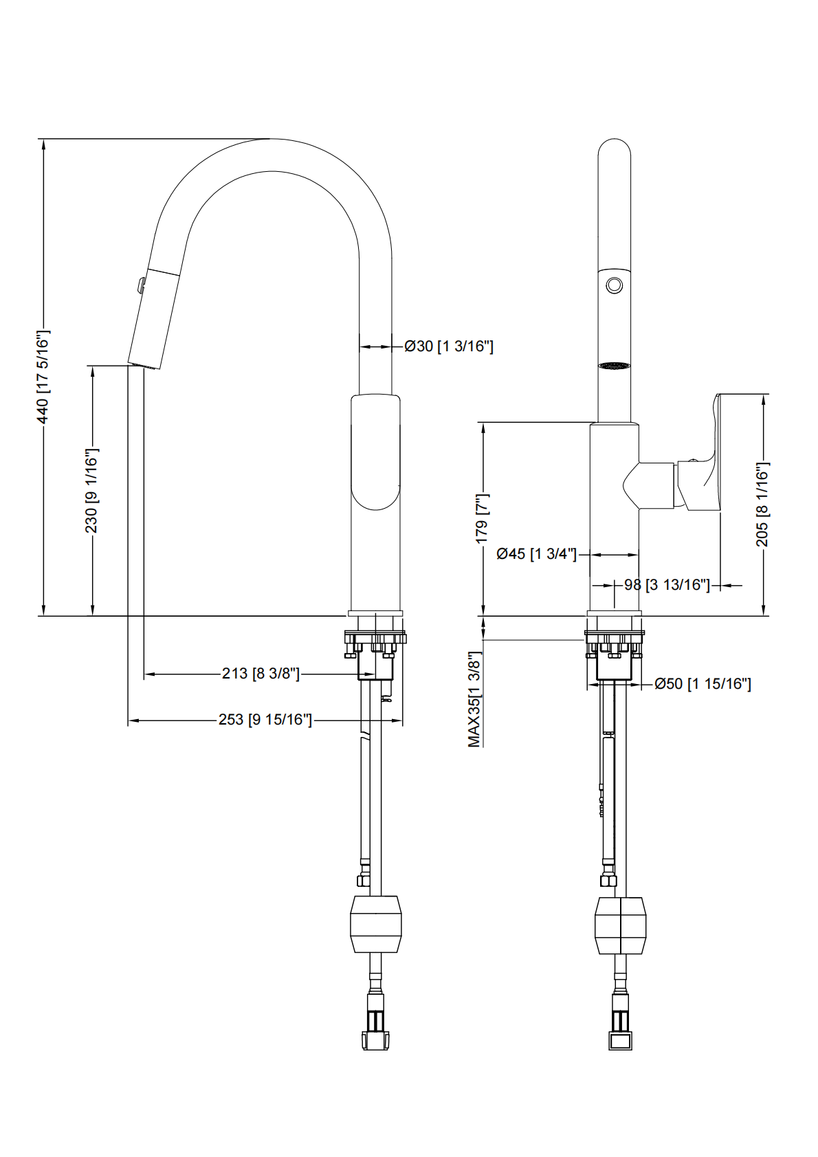 Technical drawing with dimensions for a single-handle kitchen faucet with a high-arc spout and pull-down sprayer.