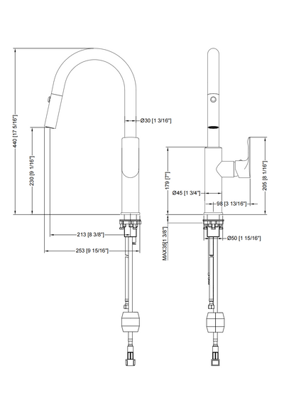 Technical drawing with dimensions for a single-handle kitchen faucet with a high-arc spout and pull-down sprayer.