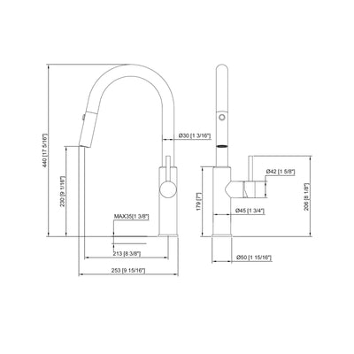 Technical specification drawing showing dimensions for a U-shaped pull-down kitchen faucet.