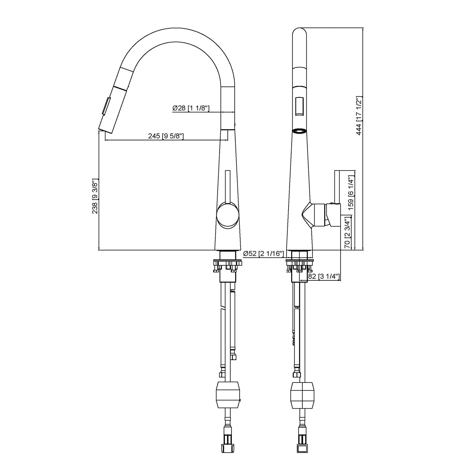 Technical drawing with dimensions for a pull-down kitchen faucet featuring a high-arc gooseneck spout and single handle.