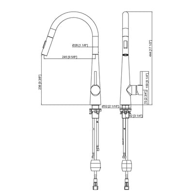 Technical drawing with dimensions for a pull-down kitchen faucet featuring a high-arc gooseneck spout and single handle.