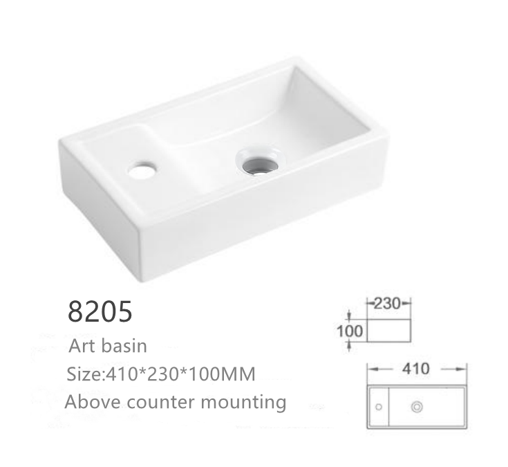 White rectangular ceramic art basin, above counter vessel sink for bathroom, 410x230x100mm.