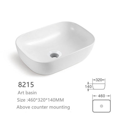 White rectangular ceramic above counter art basin, 460x320x140mm bathroom vessel sink.