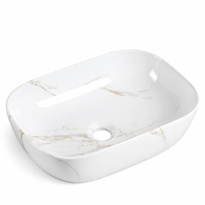 White rectangular ceramic vessel sink with tan marble pattern for modern bathroom countertops.