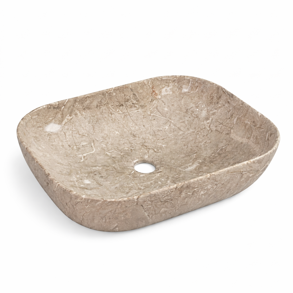 Rectangular beige marble vessel sink with natural stone veining and rounded edges for bathroom vanity.