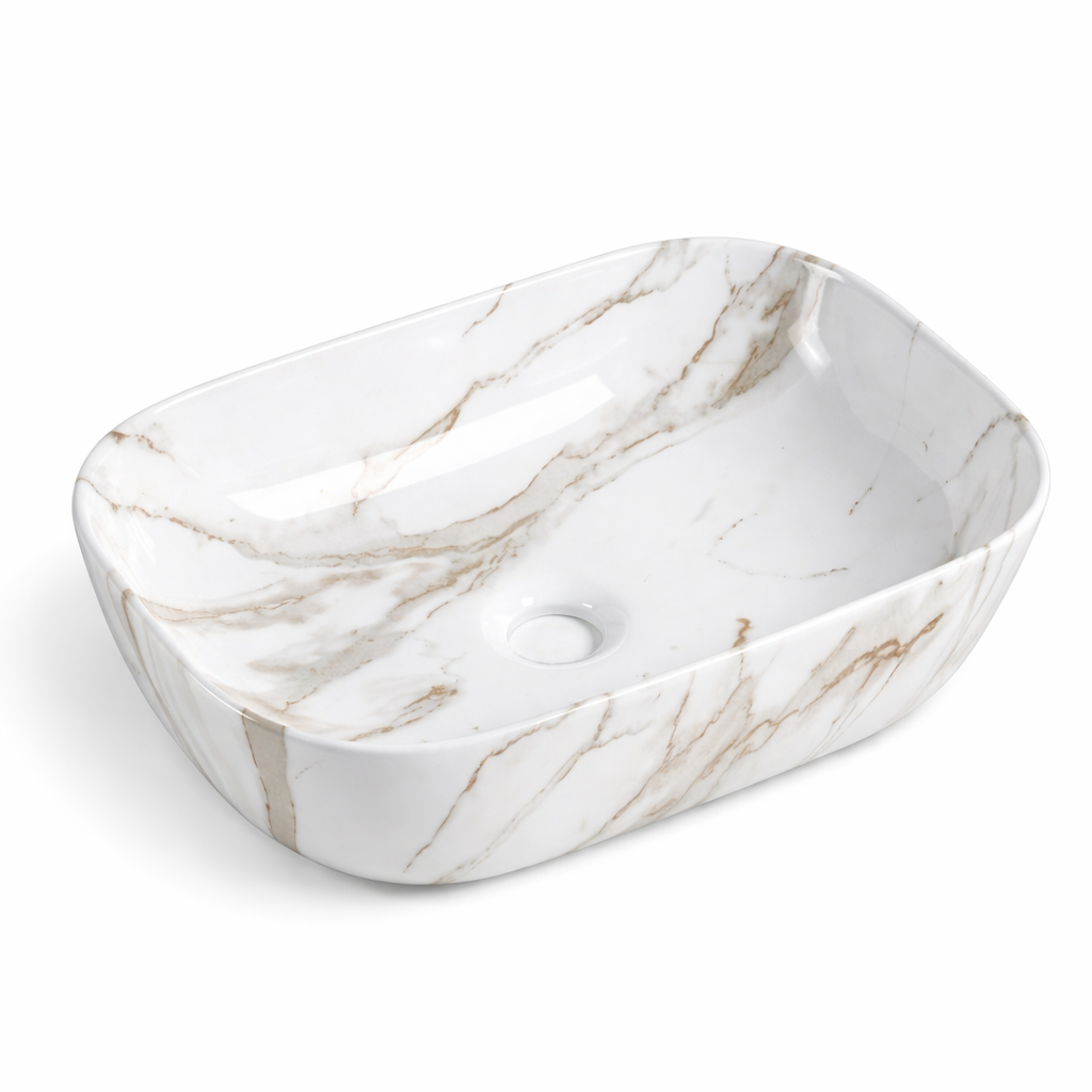 Rectangular white marble vessel sink with brown veining for modern bathroom countertop installation.