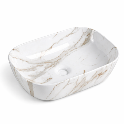 Rectangular white marble vessel sink with brown veining for modern bathroom countertop installation.