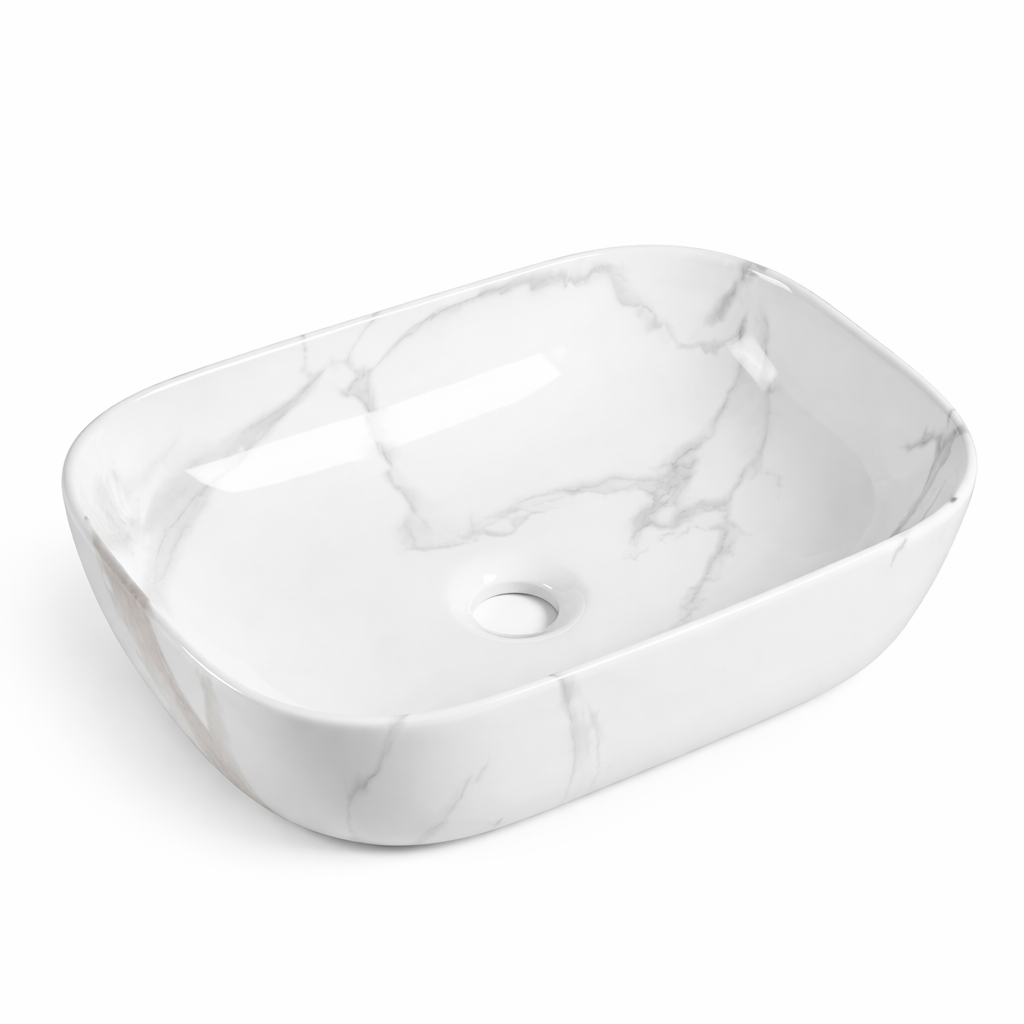 Rectangular white marble vessel sink with grey veining, ceramic bathroom vanity basin.