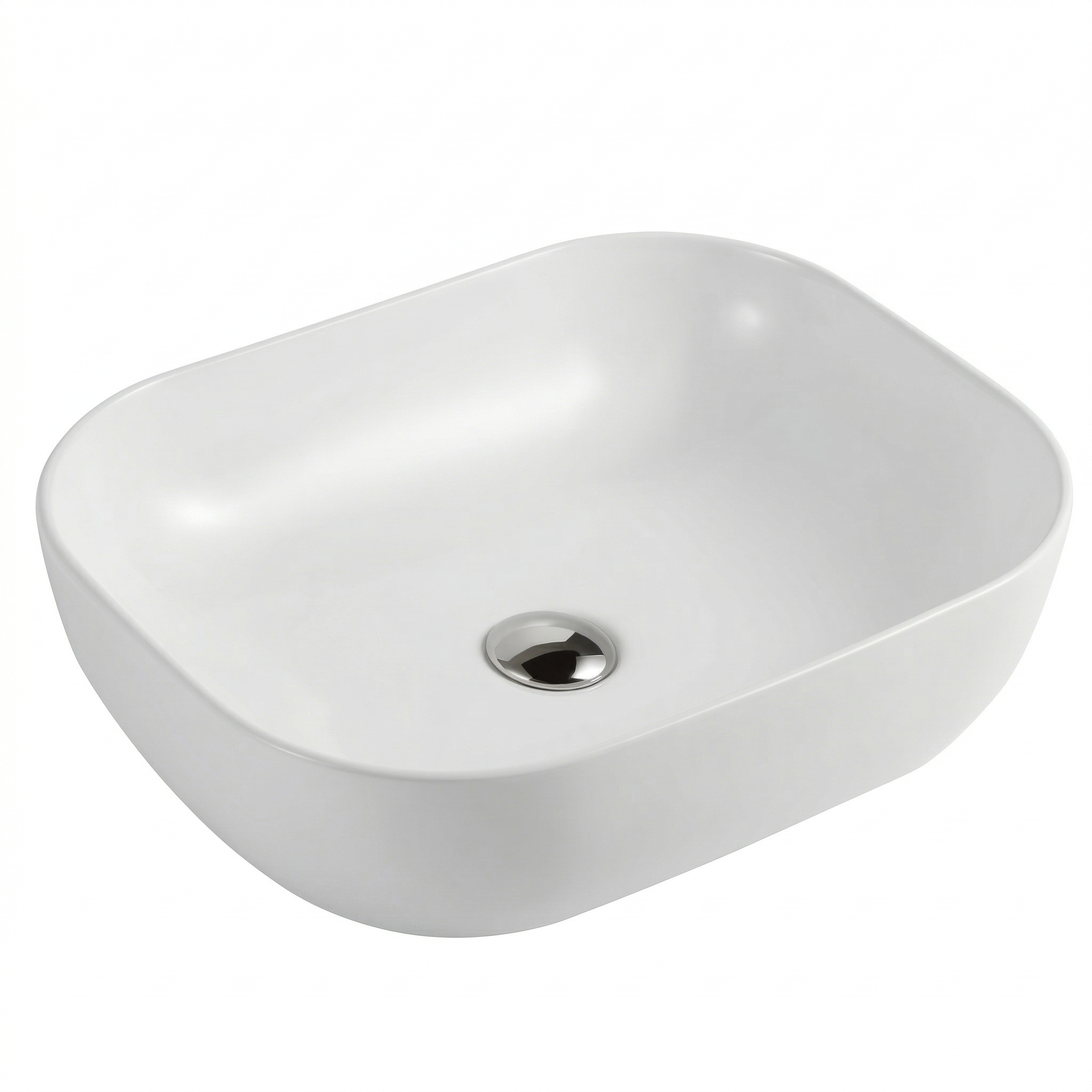 Modern white rectangular vessel bathroom sink with rounded edges and chrome pop-up drain for countertop vanity.