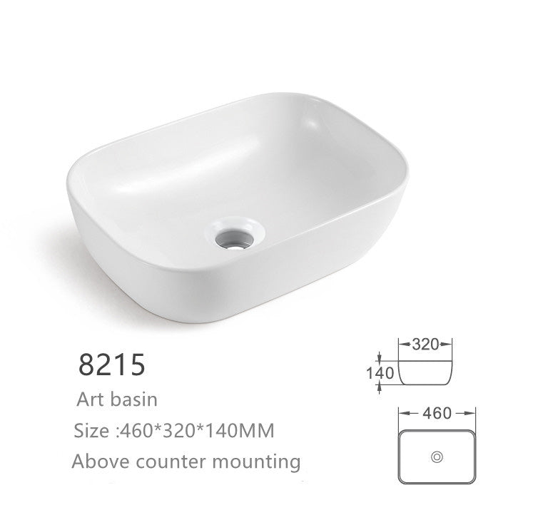 White rectangular above counter ceramic art basin vessel sink, 460x320x140mm, for modern bathroom vanity.