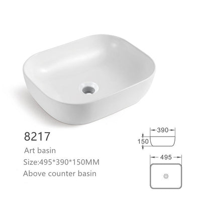 White rectangular above counter ceramic art basin for bathroom, 495x390x150mm vessel sink.