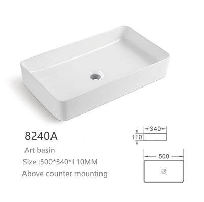 White rectangular ceramic above counter bathroom art basin, 500x340x110mm vessel sink.