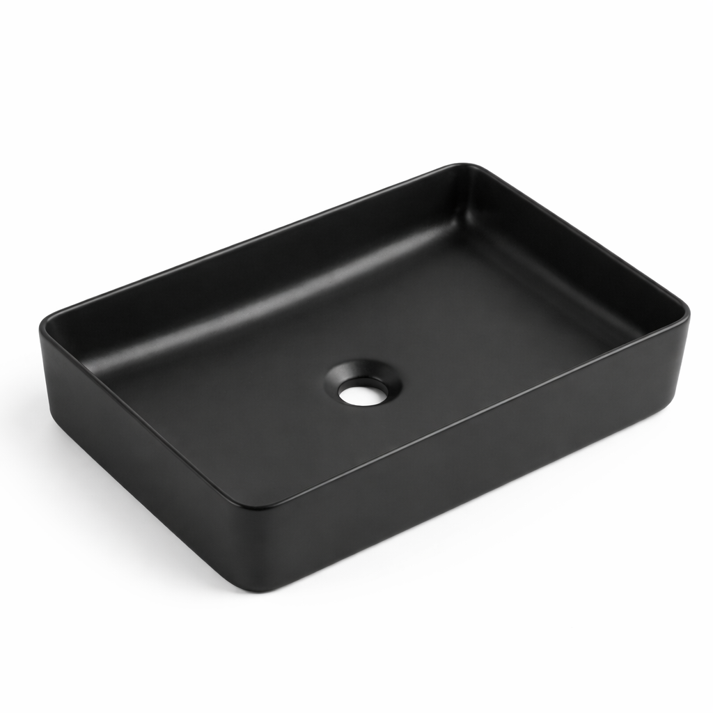 Matte black rectangular ceramic vessel bathroom sink for above-counter installation.
