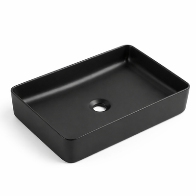 Matte black rectangular ceramic vessel bathroom sink for above-counter installation.