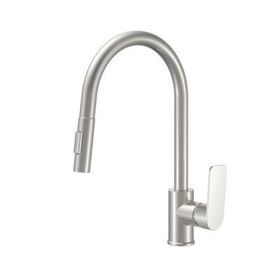 Modern brushed nickel high-arc kitchen faucet with pull-down sprayer and single handle.