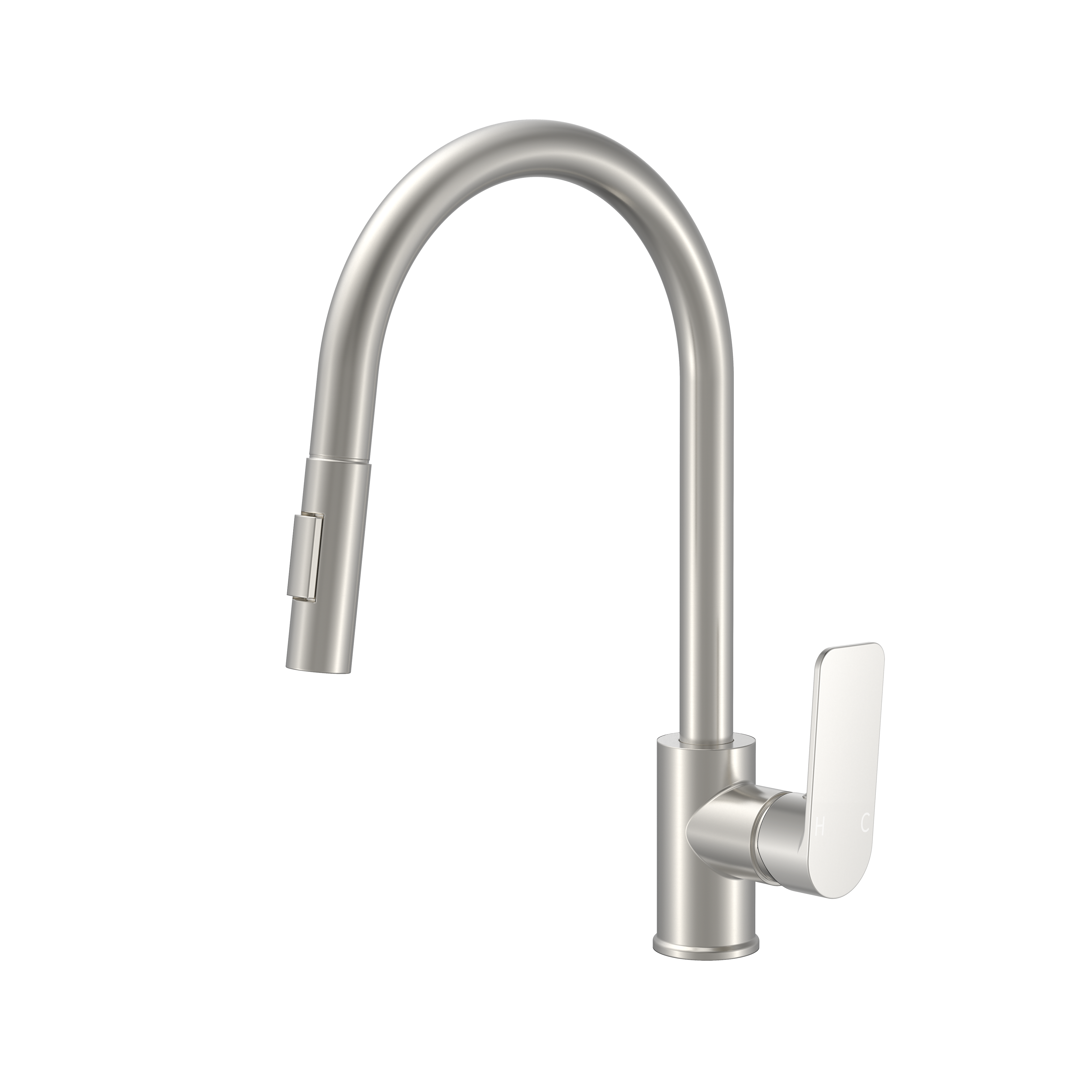 Modern brushed nickel high-arc kitchen faucet with pull-down sprayer and single handle.