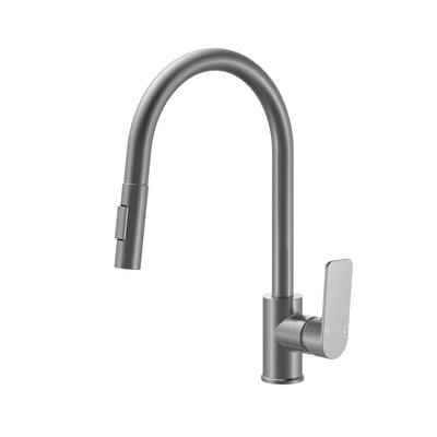Brushed nickel gooseneck kitchen faucet with pull-down sprayer and single handle isolated on white background.