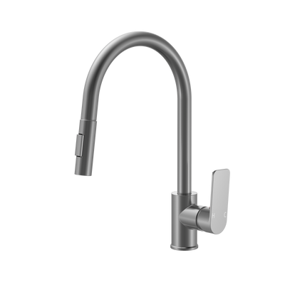 Modern brushed nickel kitchen faucet with pull-down sprayer and high-arc gooseneck spout.