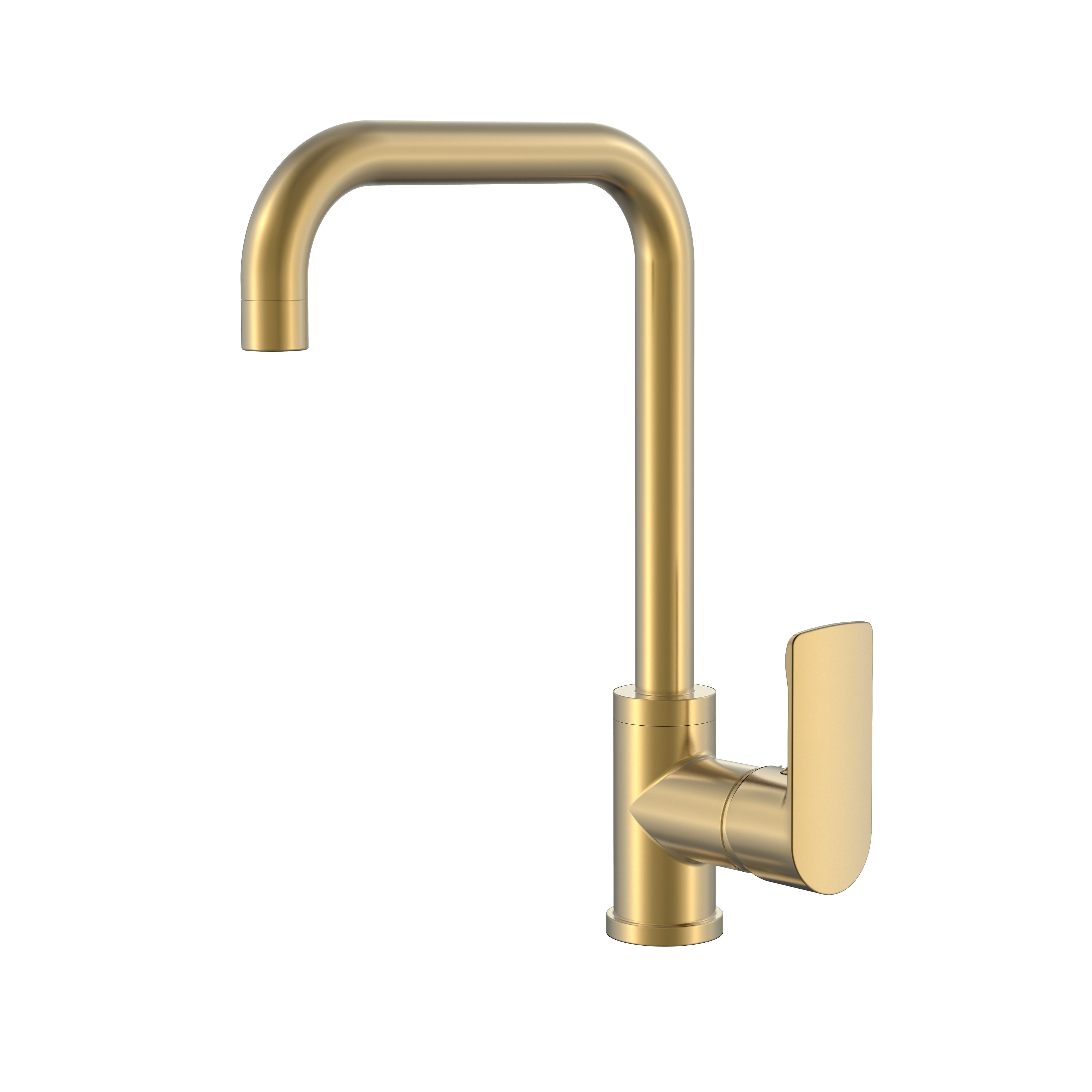 Modern brushed gold kitchen faucet with a high-arc swivel spout and single-handle lever.