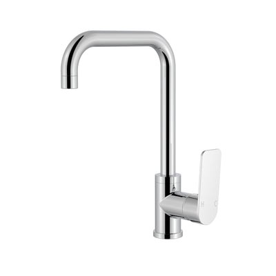 Modern polished chrome square gooseneck kitchen faucet with single handle lever and H/C indicators.