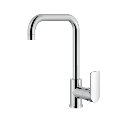 Modern polished chrome kitchen faucet with a high U-shaped spout and single lever handle.